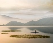 356 - LONE BOATMAN ON A FOGGY MORNING - MUKHERJI SP - india <div